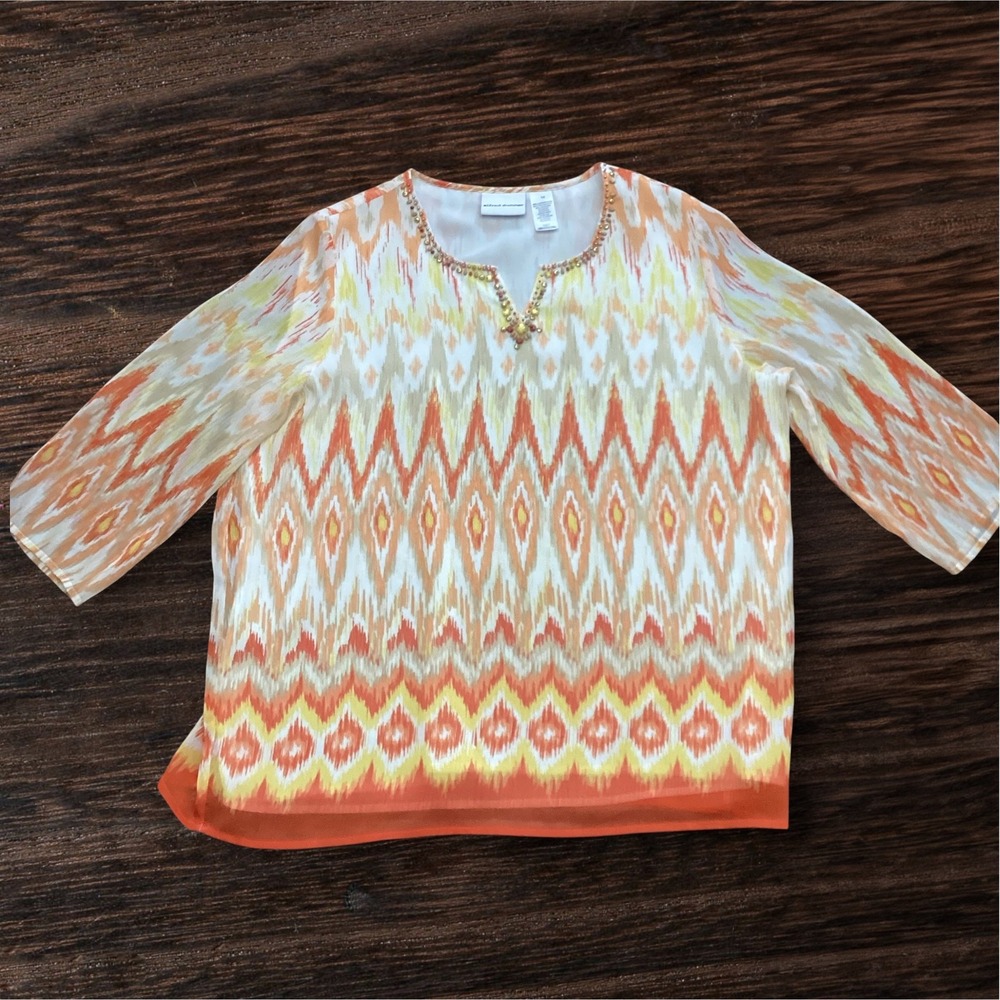 Alfred Dunner Women Size 14 Orange Yellow Ikat Chiffon Beaded Neck Blouse Top